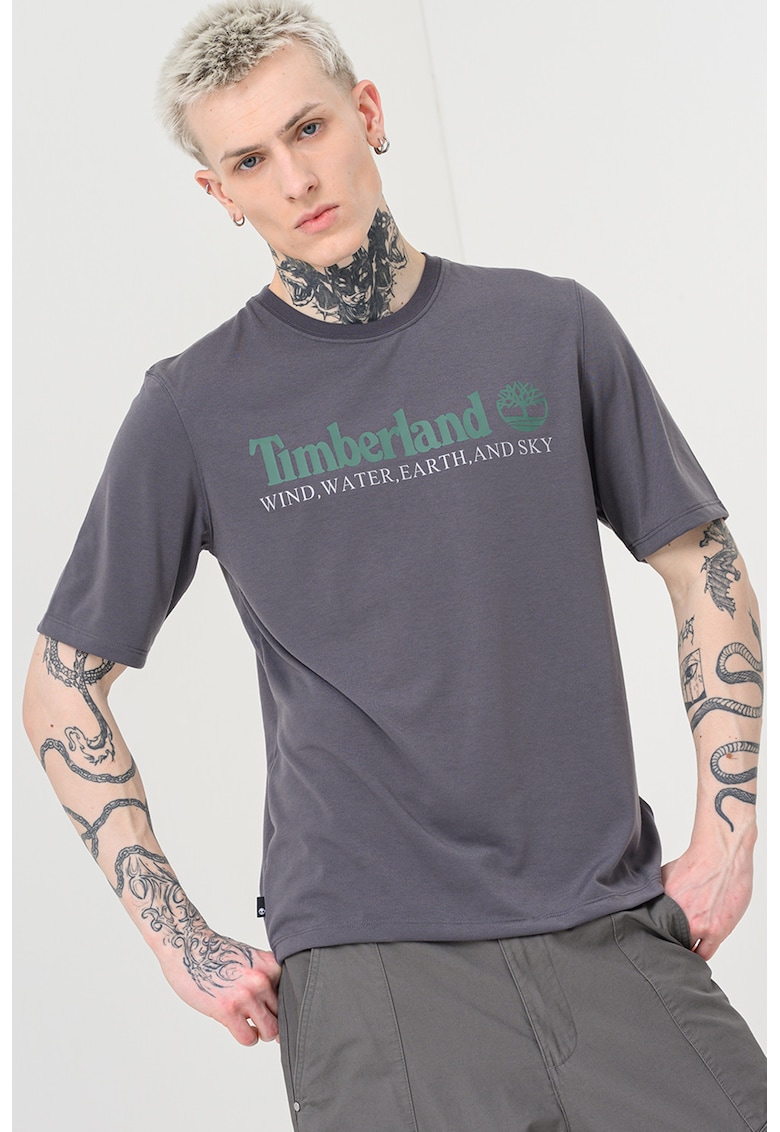 Tricou cu decolteu la baza gatului si imprimeu logo - Alb/Gri inchis