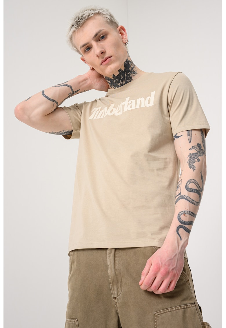 Tricou cu imprimeu logo contrastant Linear - Bej inchis