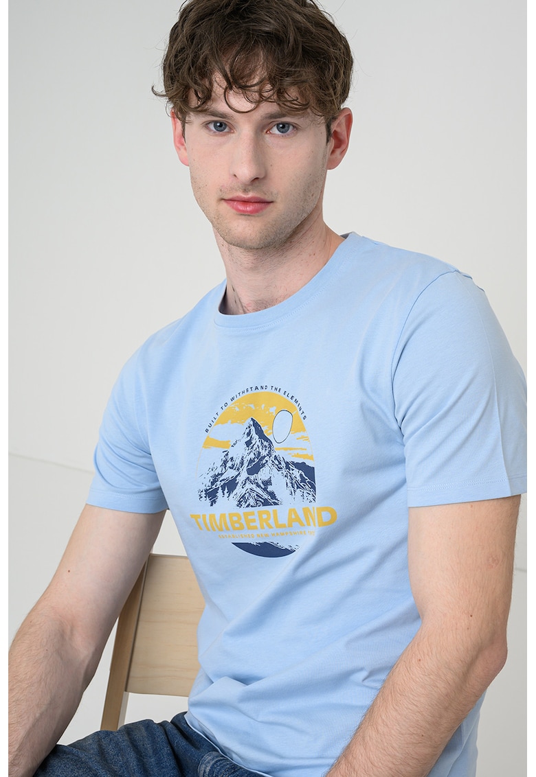 Tricou cu decolteu la baza gatului si imprimeu grafic - Albastru deschis