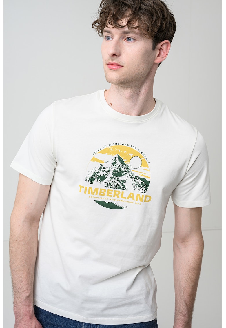 Tricou cu decolteu la baza gatului si imprimeu grafic - Alb murdar