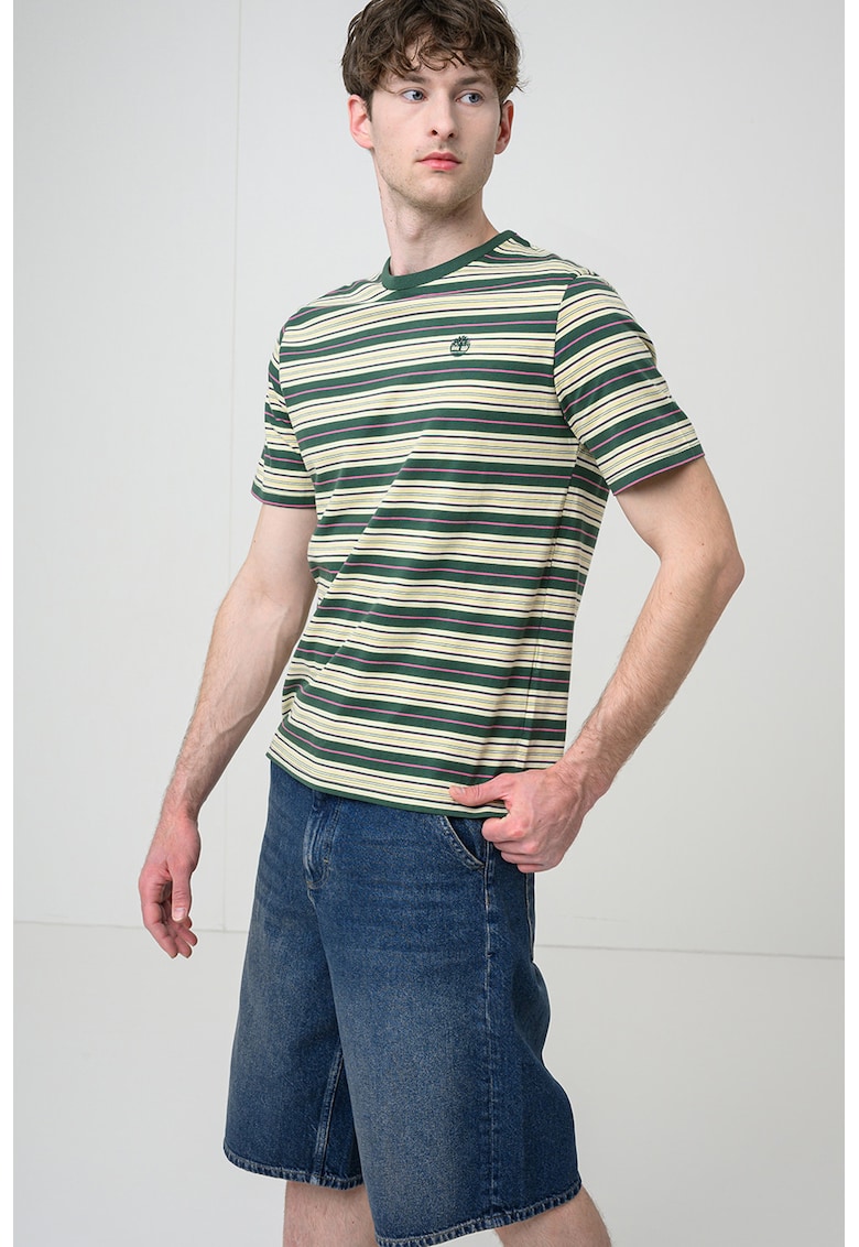 - Tricou cu decolteu la baza gatului si model in dungi - Verde/Galben