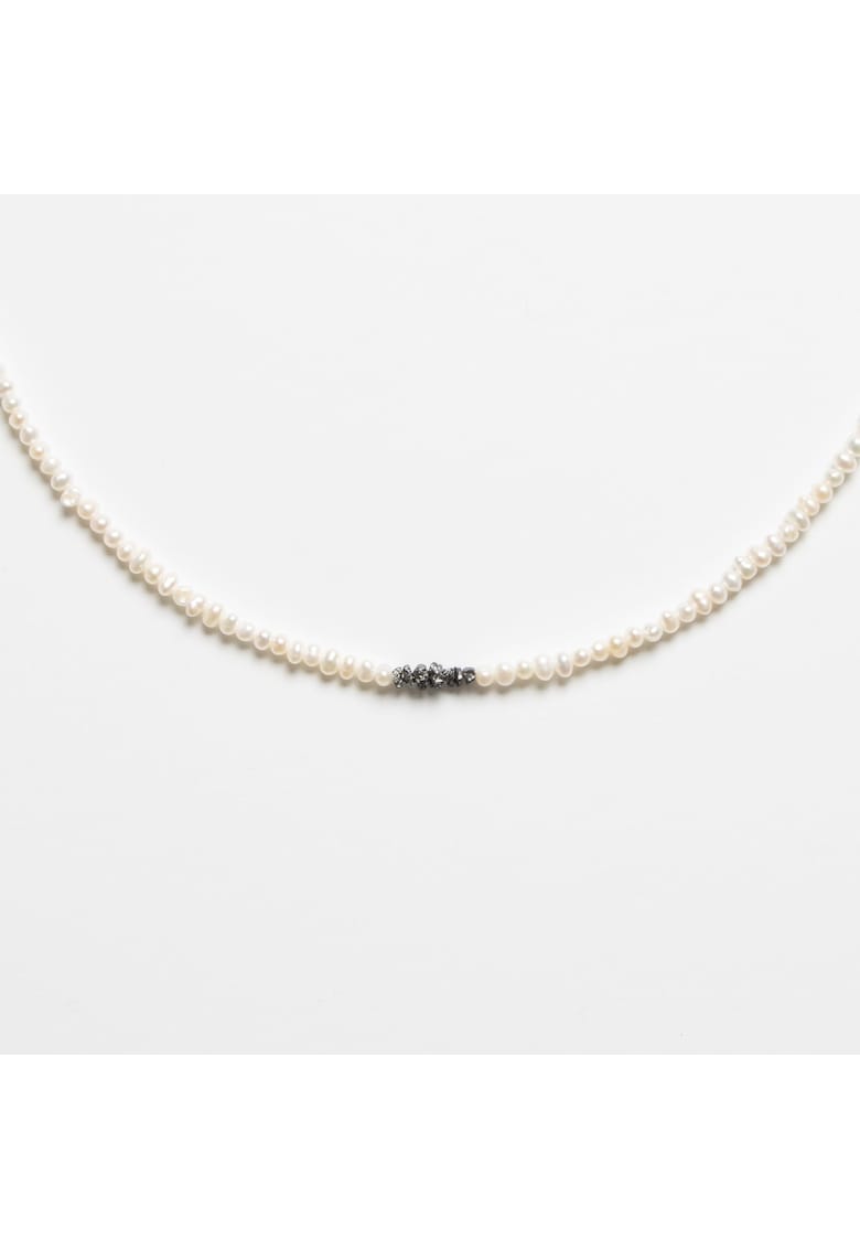 Colier din perle albe naturale - diamante brute negre si aur filat 14K - Sayuri