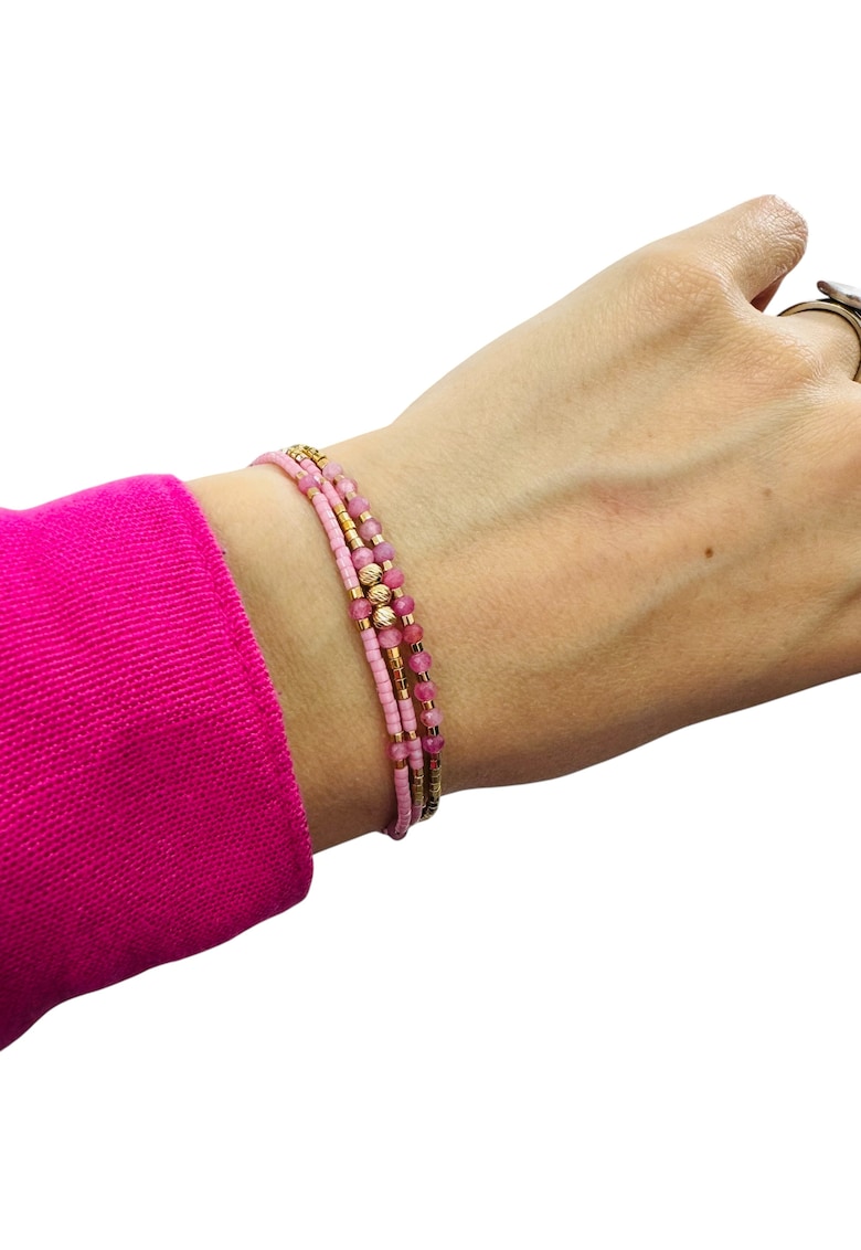 Bratara handmade Paty - 3 straturi - roz - cu Miyuki si Turmalina Roz - argint placat cu aur