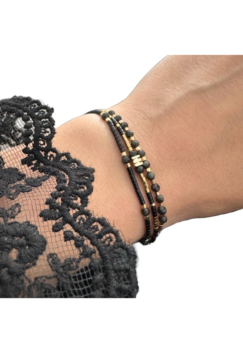 Bratara handmade Malika - 3 straturi - Obsidian - charm auriu