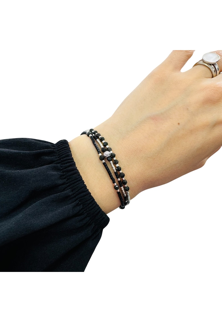 Bratara Elysia - 3 straturi - snur negru-argintiu - cristale Obsidian - argint 925