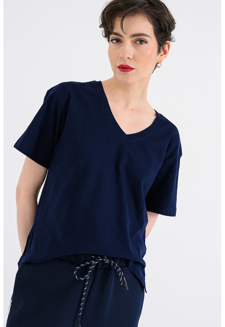 Tricou din bumbac cu decolteu in V - Bleumarin