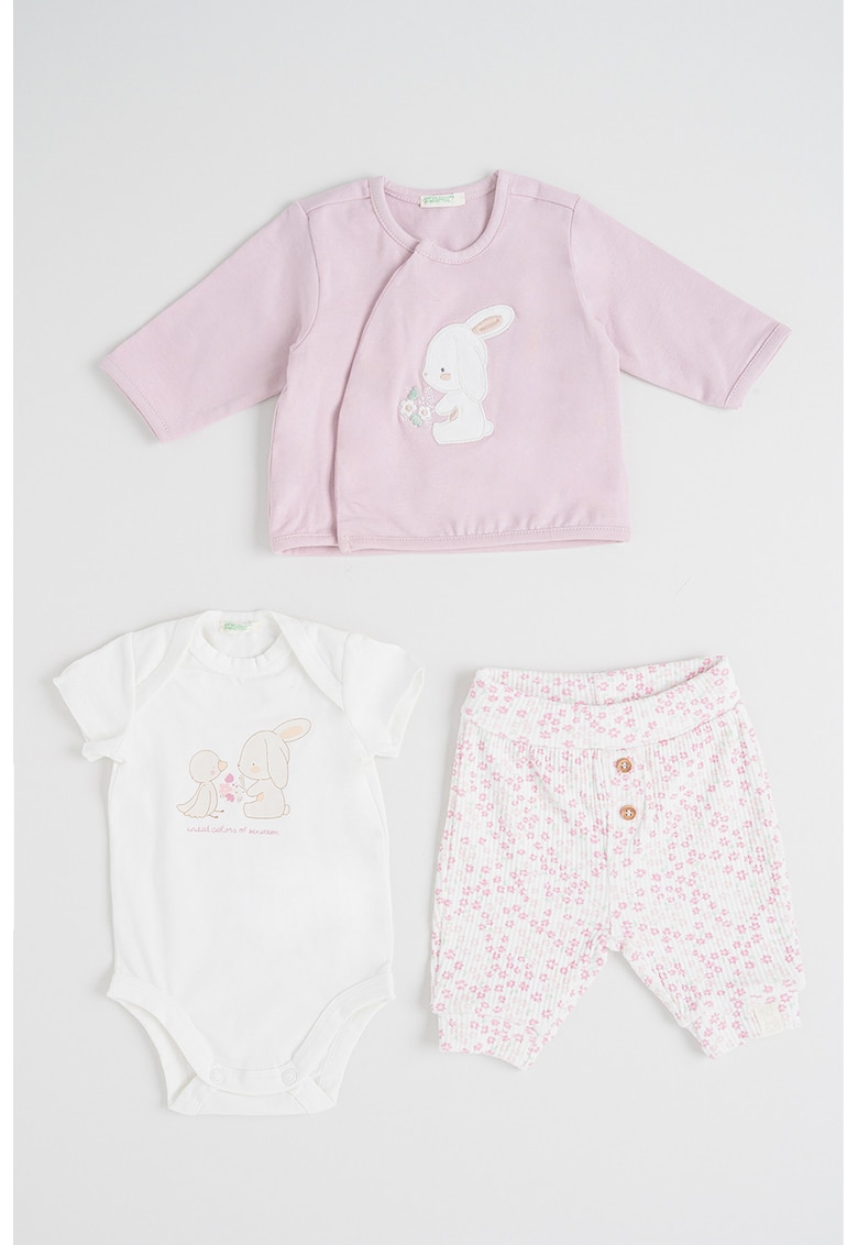 Set de imbracaminte din amestec de bumbac cu imprimeu grafic si floral - 3 piese - Alb/Verde menta/Liliac prafuit