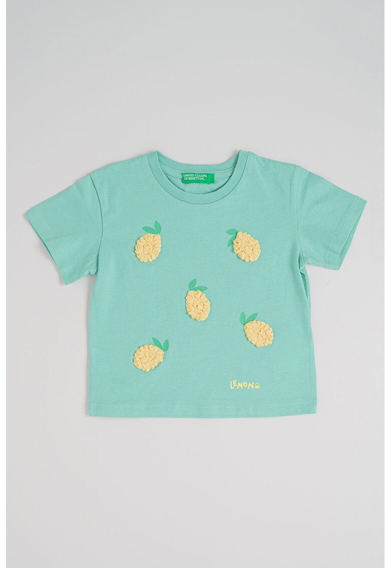 Tricou cu imprimeu cu fructe si aplicatii variate - Galben pal/Verde menta