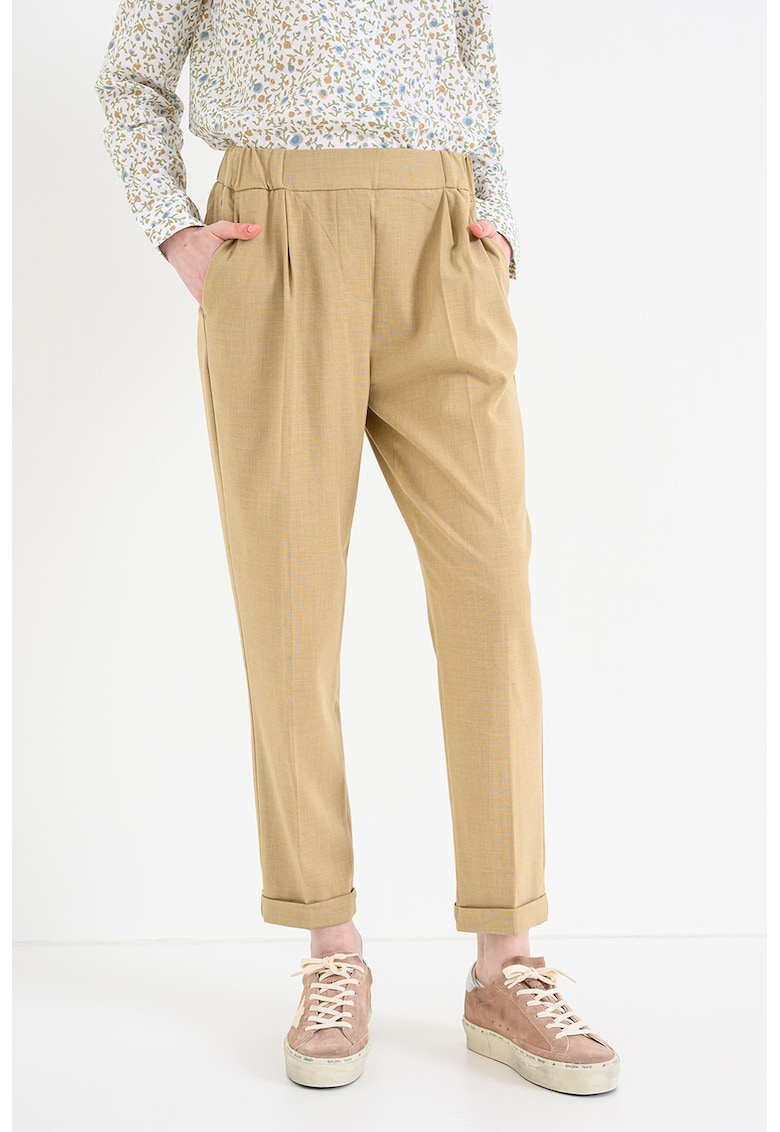 Pantaloni conici cu talie elastica - Bej inchis