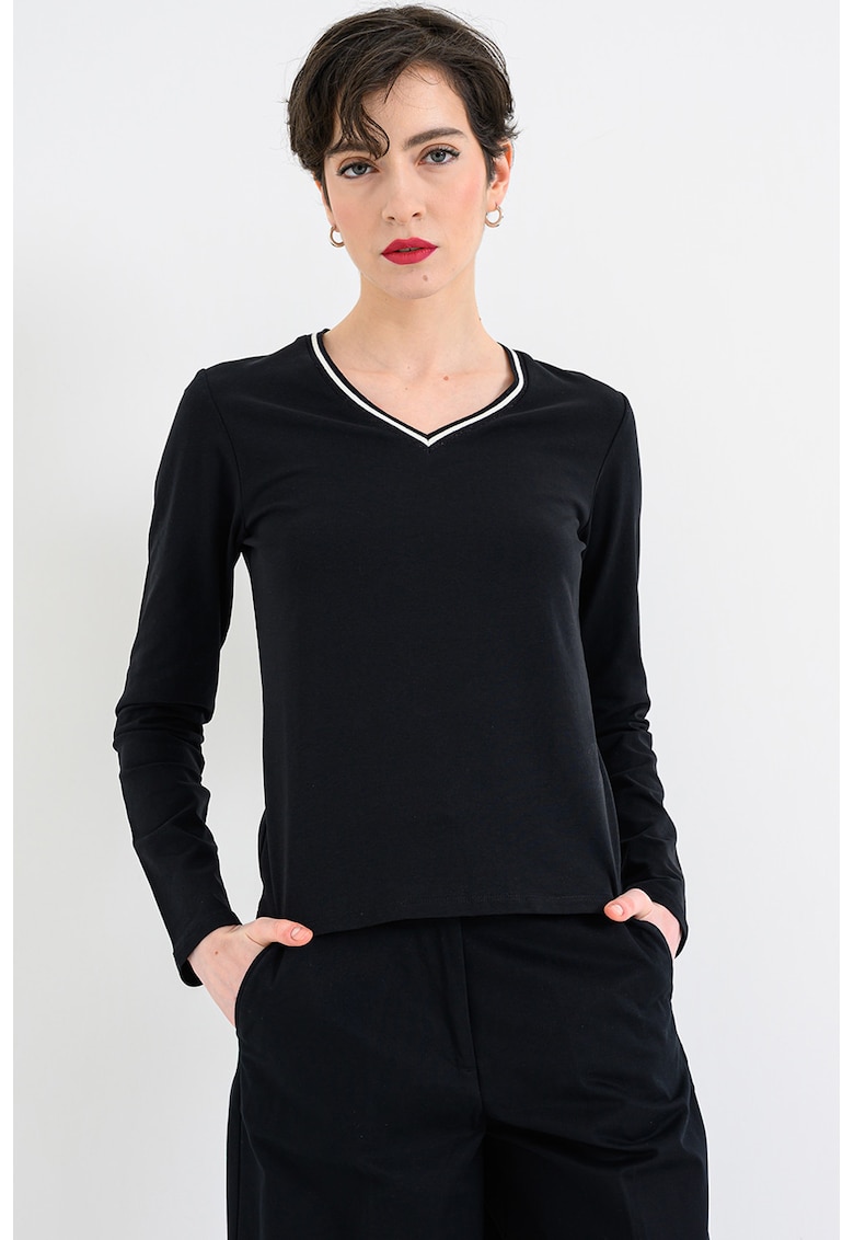 Bluza cu decolteu in V si dungi contrastante - Negru/Alb optic