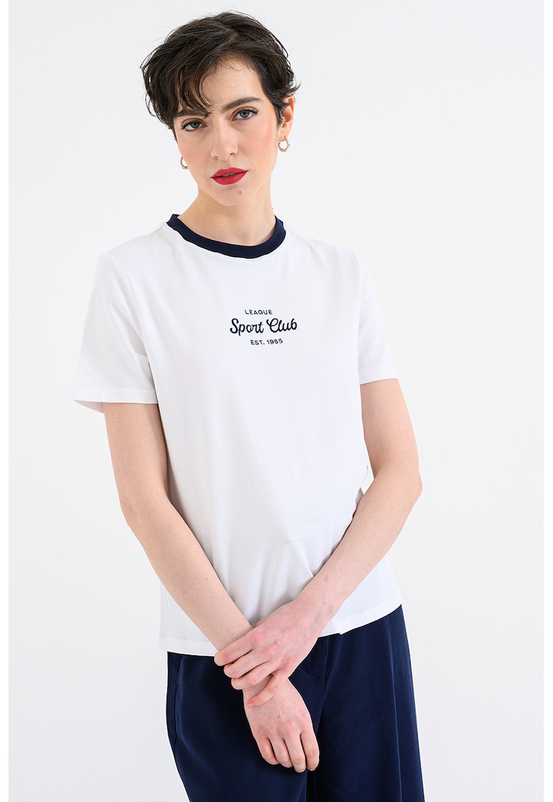 Tricou cu decolteu la baza gatului si imprimeu text - Alb optic