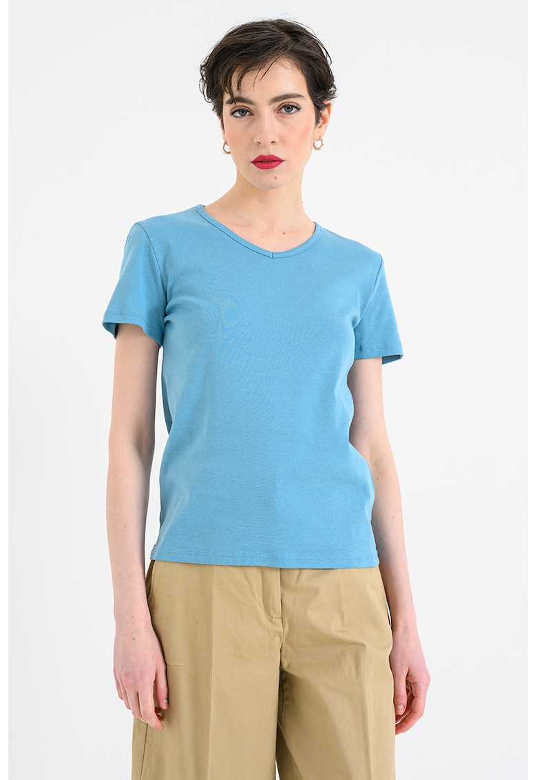 Tricou din bumbac cu decolteu in V - Albastru pastel