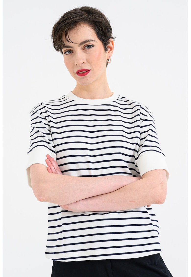 Tricou din amestec de bumbac cu model in dungi - Negru/Alb murdar