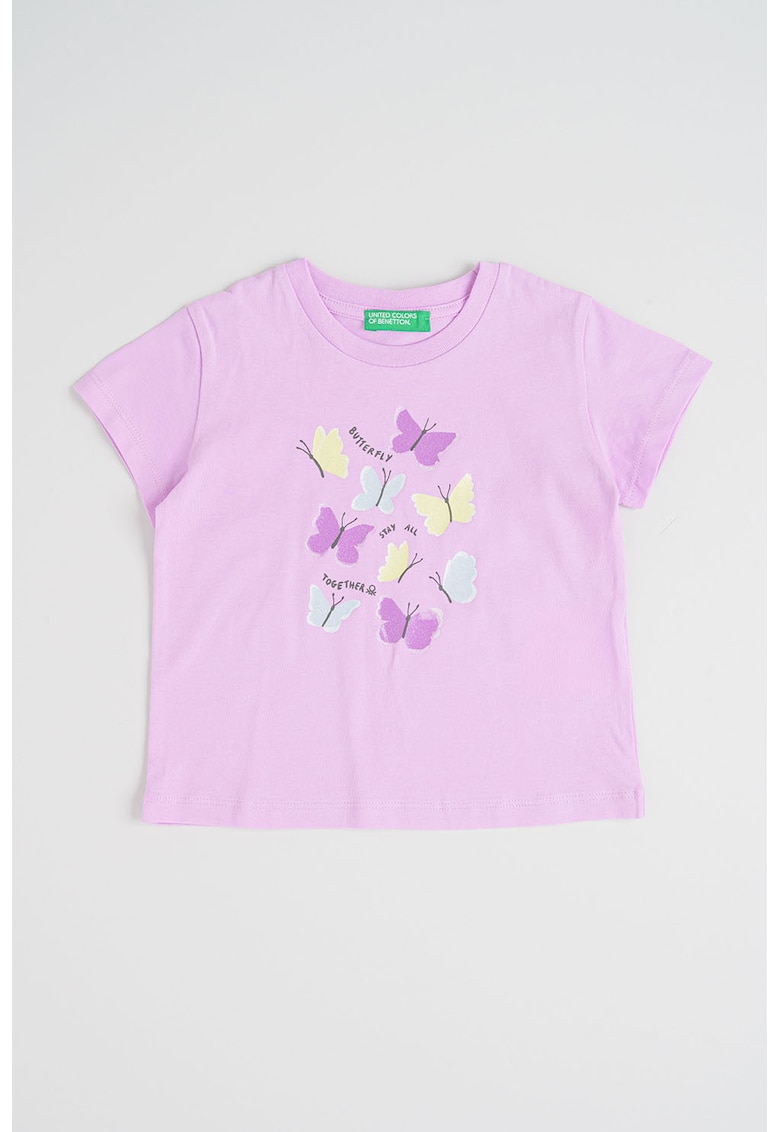 Tricou din bumbac cu imprimeu frontal - Galben pai/Lila/Albastru glaciar