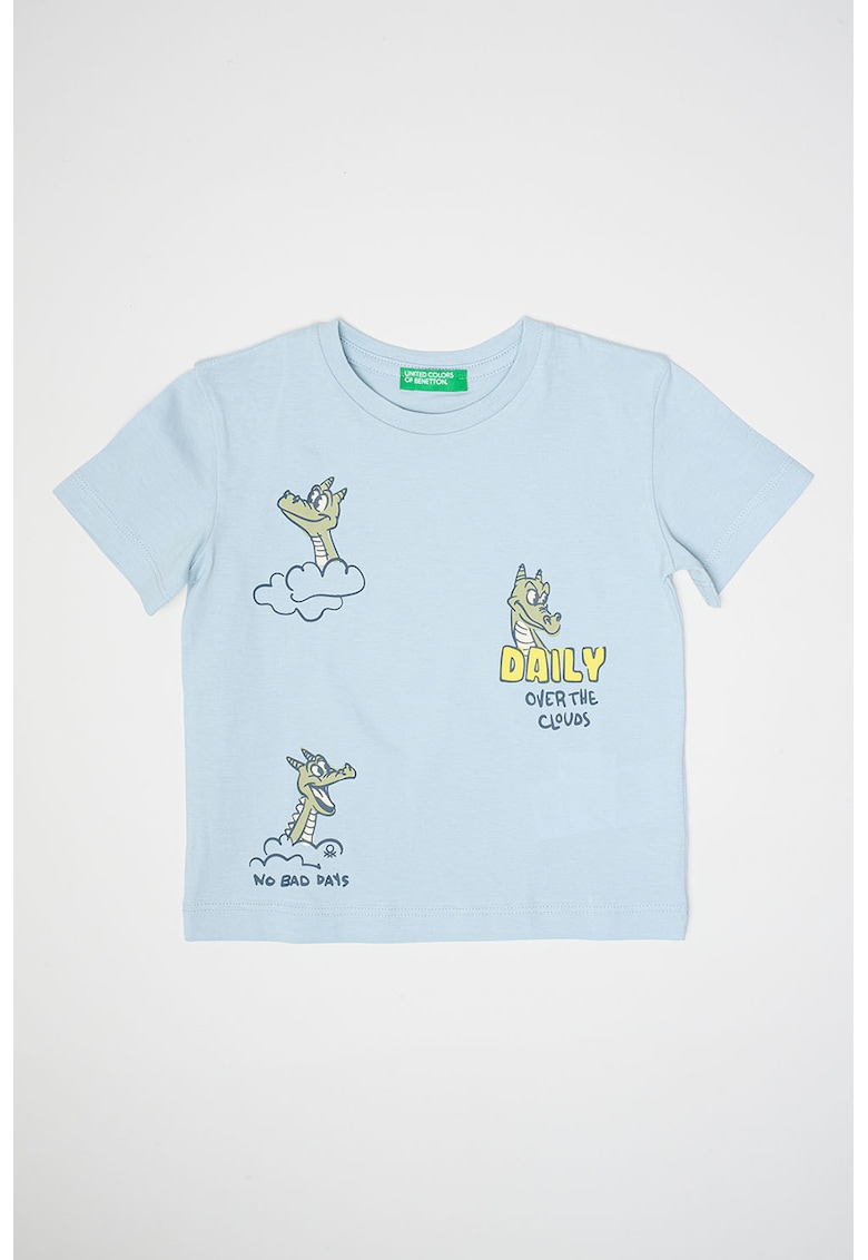 Tricou din bumbac cu imprimeu grafic si text frontal - Albastru ultramarin/Albastru lavanda/Verde sparanghel