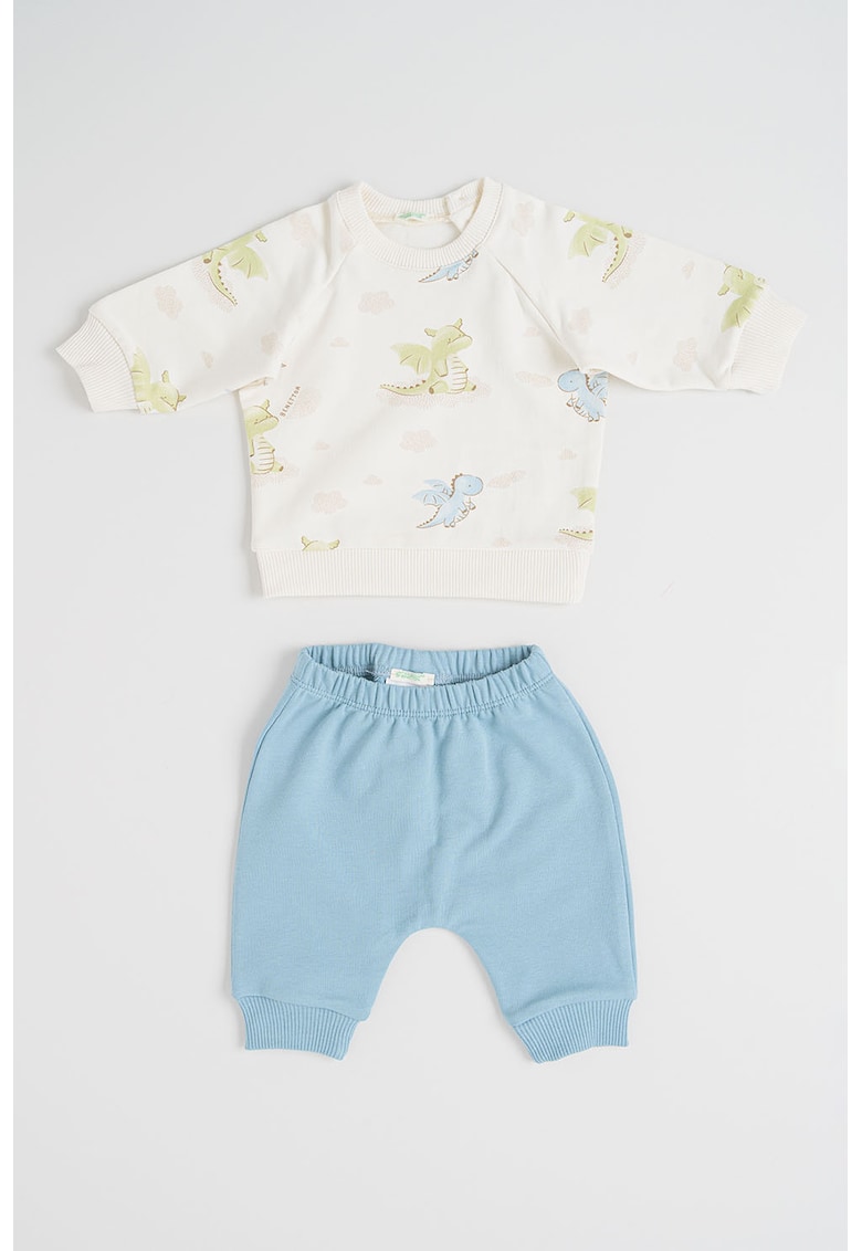 Set de bluza si pantaloni - 2 piese - Alb/Albastru prafuit/Verde fistic