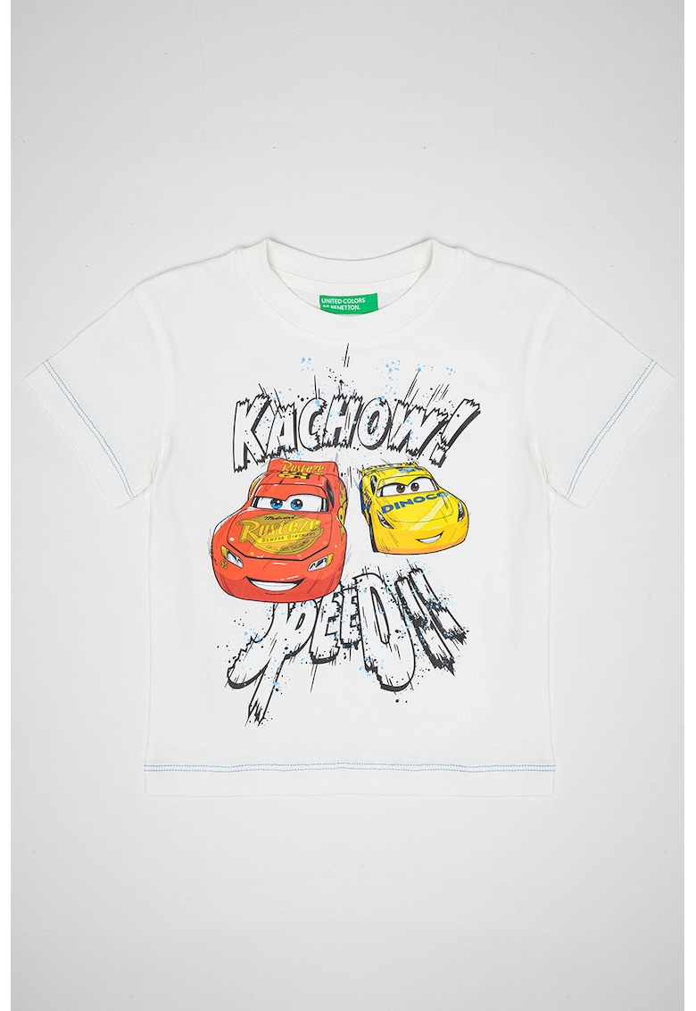 Tricou cu decolteu la baza gatului si imprimeu cu masini - Rosu/Alb/Galben sofran