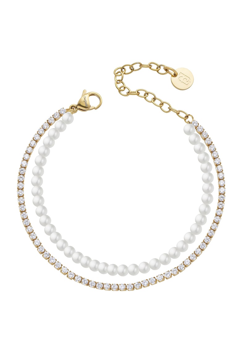 Bratara din otel inoxidabil cu perle sintetice si pietre zirconia - Auriu