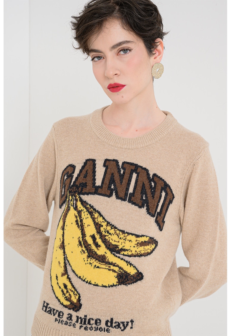 Pulover din bumbac cu model grafic - Galben/Maro taupe