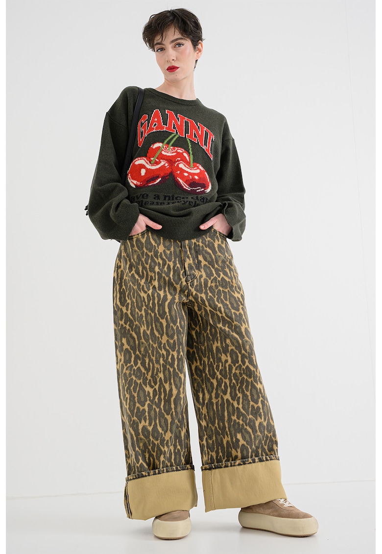 Pulover supradimensionat din amestec de lana cu model grafic - Rosu/Kaki