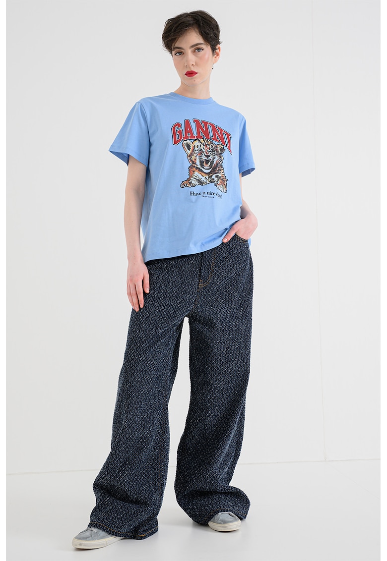 Tricou lejer din bumbac cu imprimeu - Albastru pastel