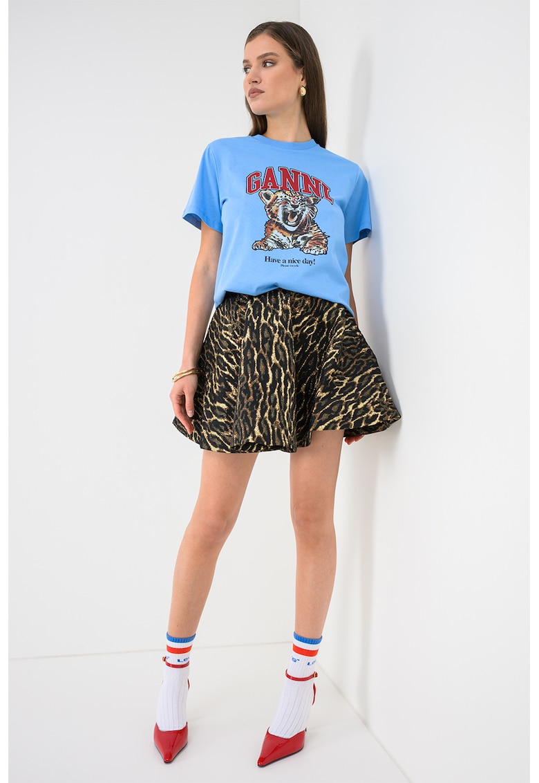 Fusta mini evazata cu model animal print - Auriu/Negru