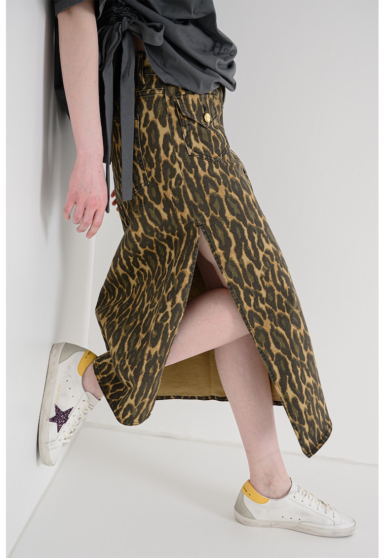 Fusta asimetrica cu slit lateral adanc si model animal print - Kaki/Ocru