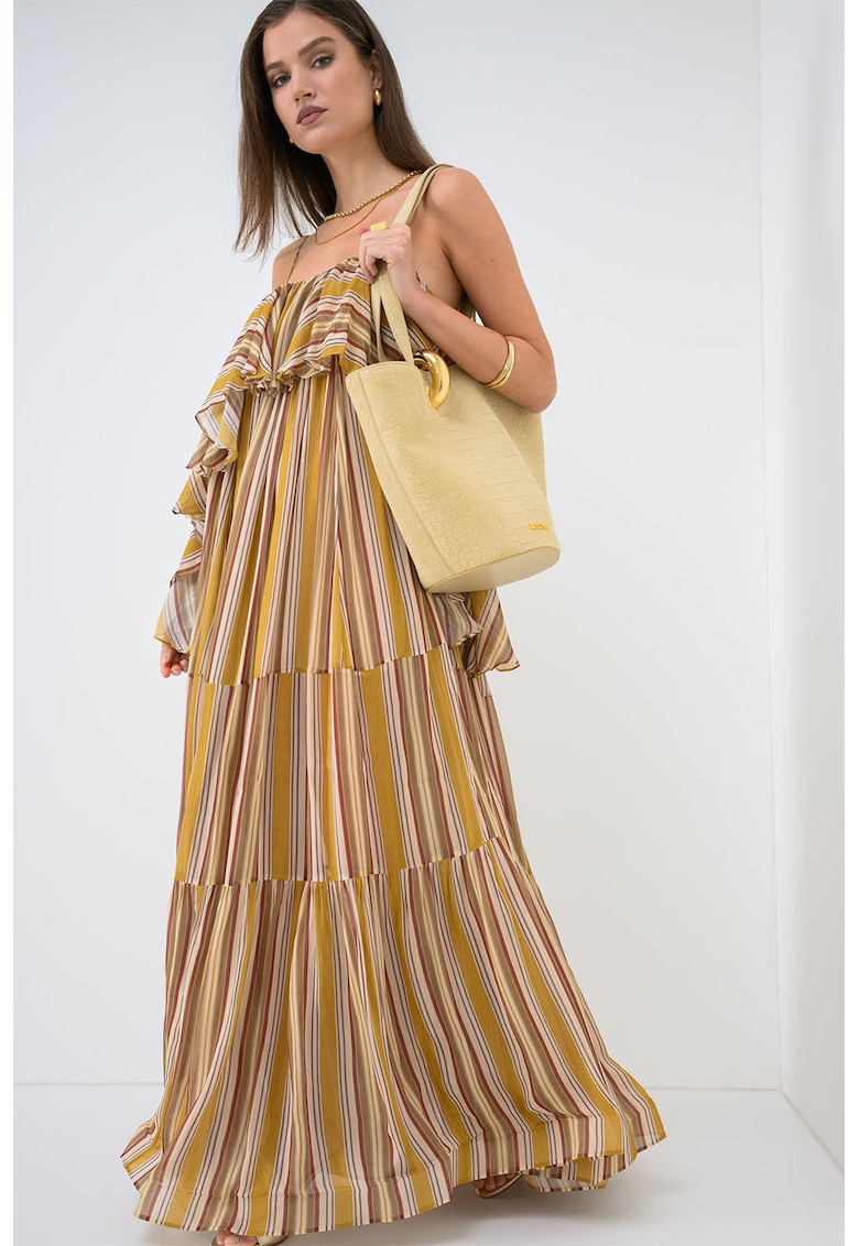 Rochie evazata cu model stratificat si model in dungi - Rosu/Kaki