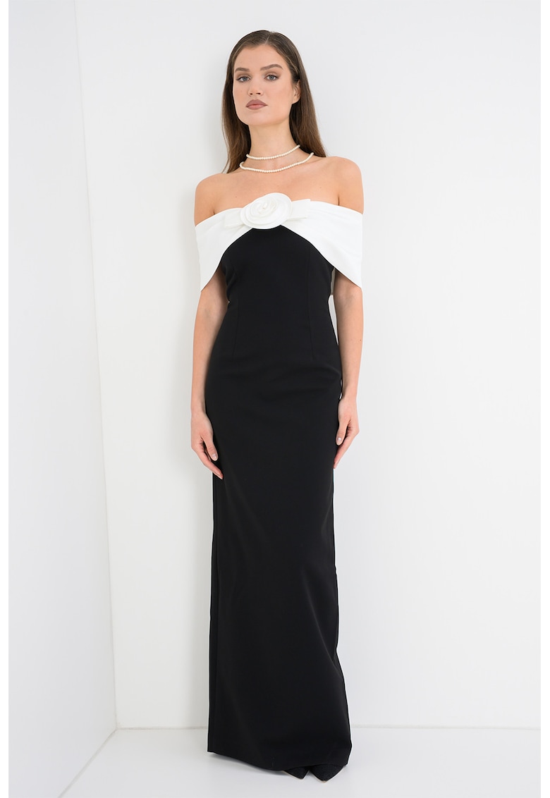 Rochie cu decolteu pe un umar si aplicatie florala - Alb/Negru