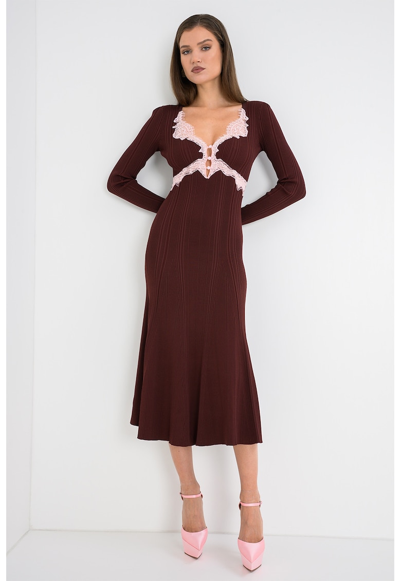 Rochie midi striata cu garnituri din dantela - Visiniu