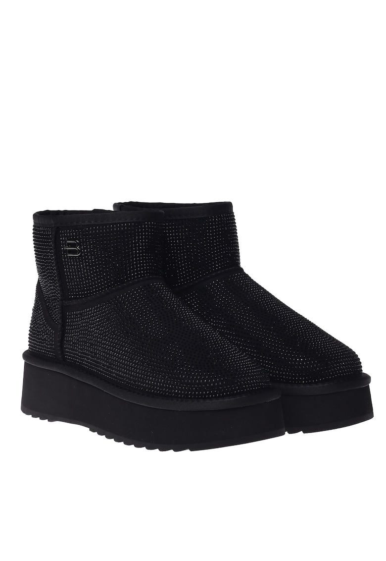 Ghete slip-on flatform din piele intoarsa decorate cu strasuri - Negru
