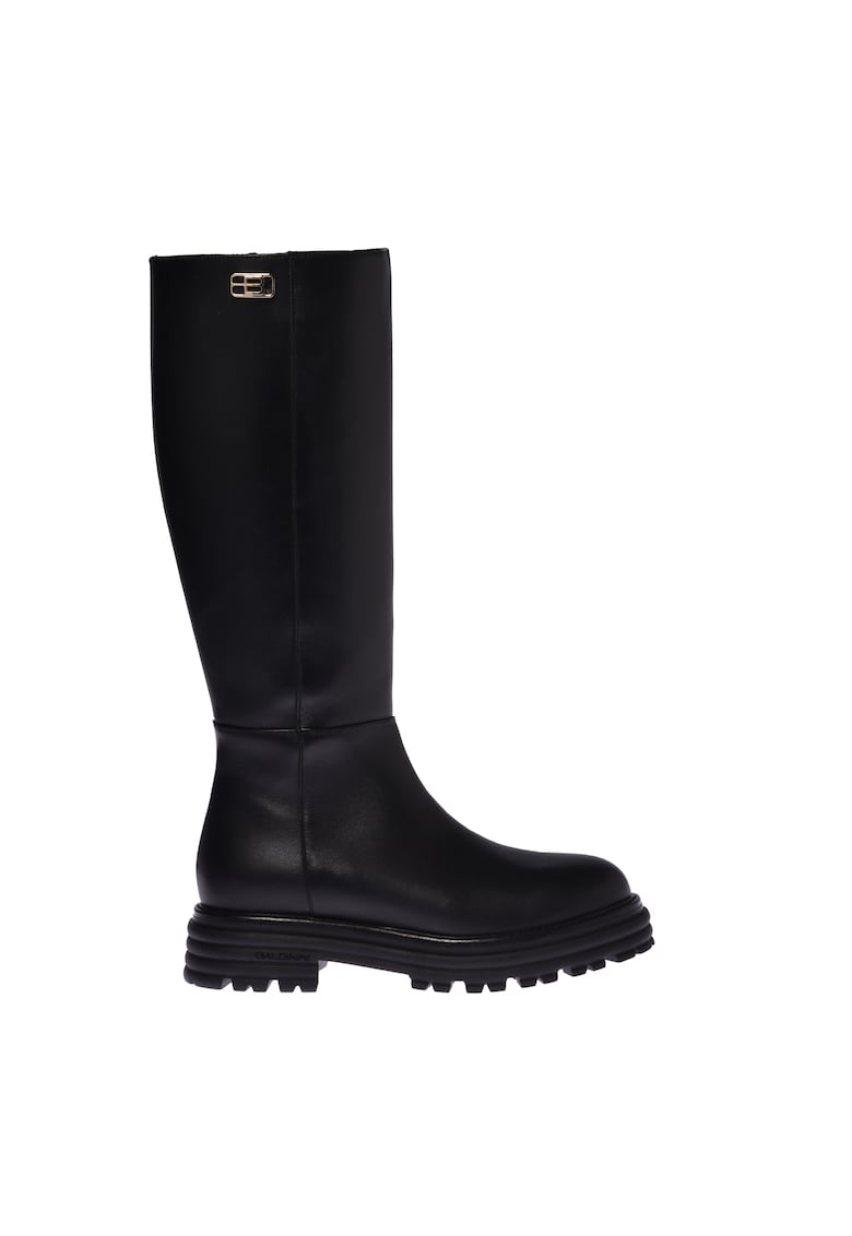 Cizme lungi pana peste genunchi din piele cu aplicatie logo metalic - Negru
