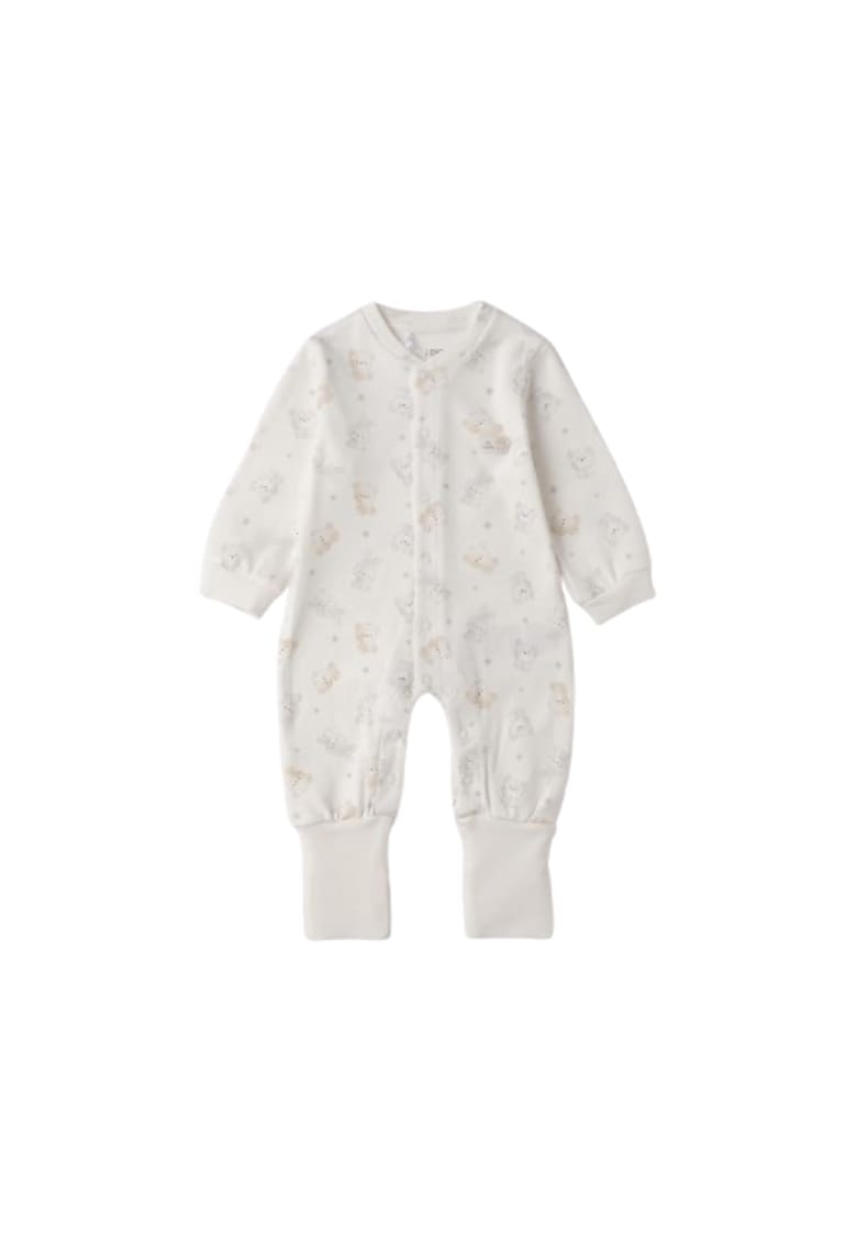 Salopeta bebe iDO din bumbac interlock cu imprimeu ursuleti si iepurasi Crem
