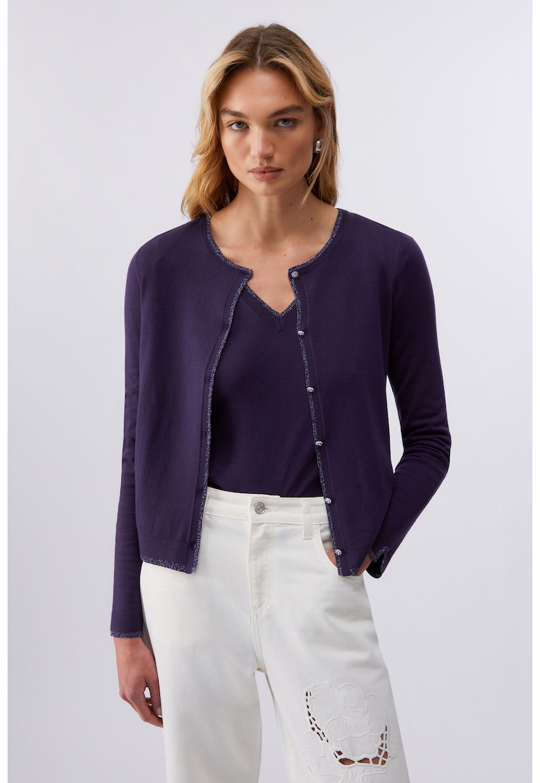 Cardigan tricotat cu decolteu rotund - Violet aubergine