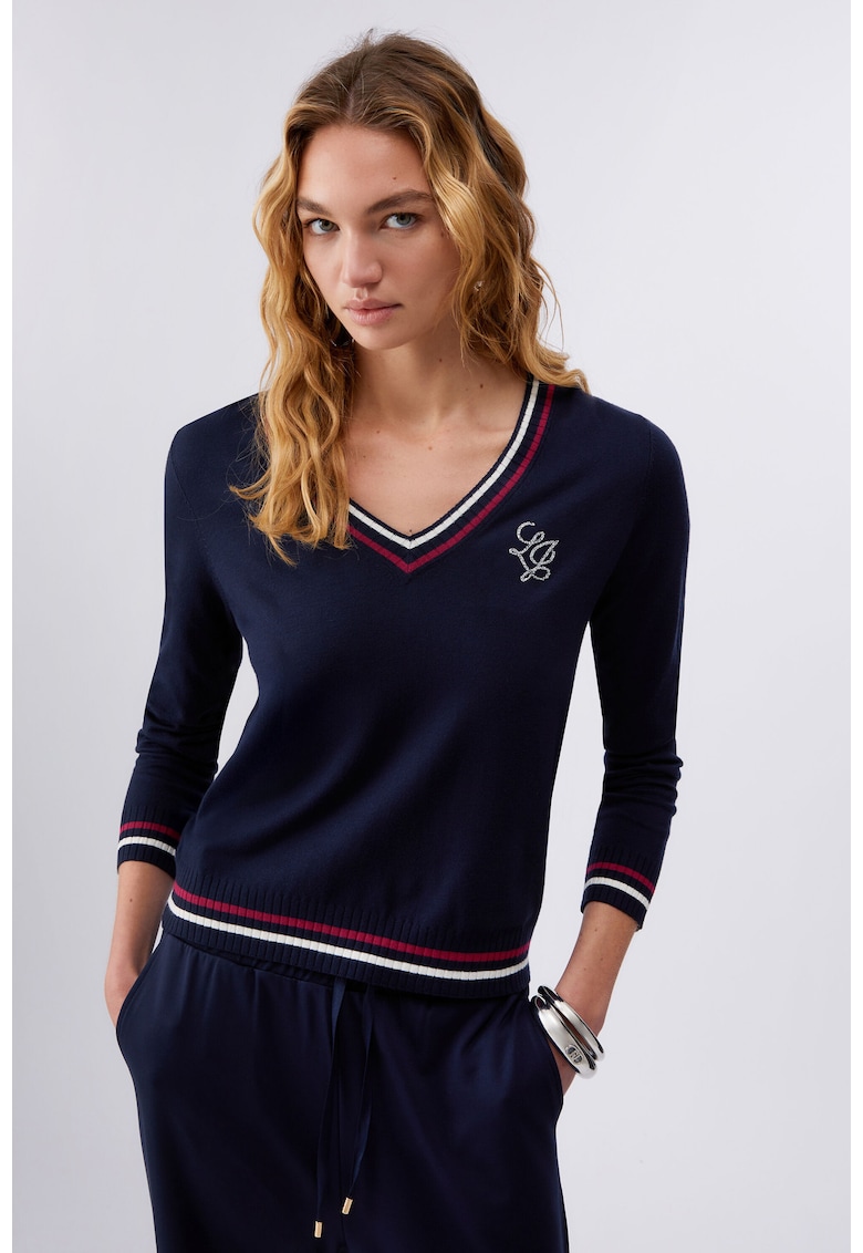 Pulover tricotat cu decolteu in V si terminatii in dungi - Albastru inchis