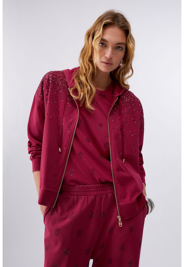 Hanorac cu aplicatie din strasuri si fermoar - Rosu