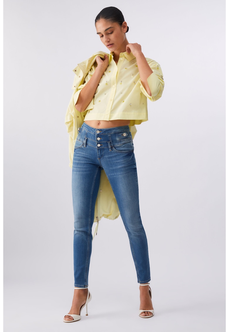 Blugi skinnycu talie inalta si aplicatii - Bleumarin