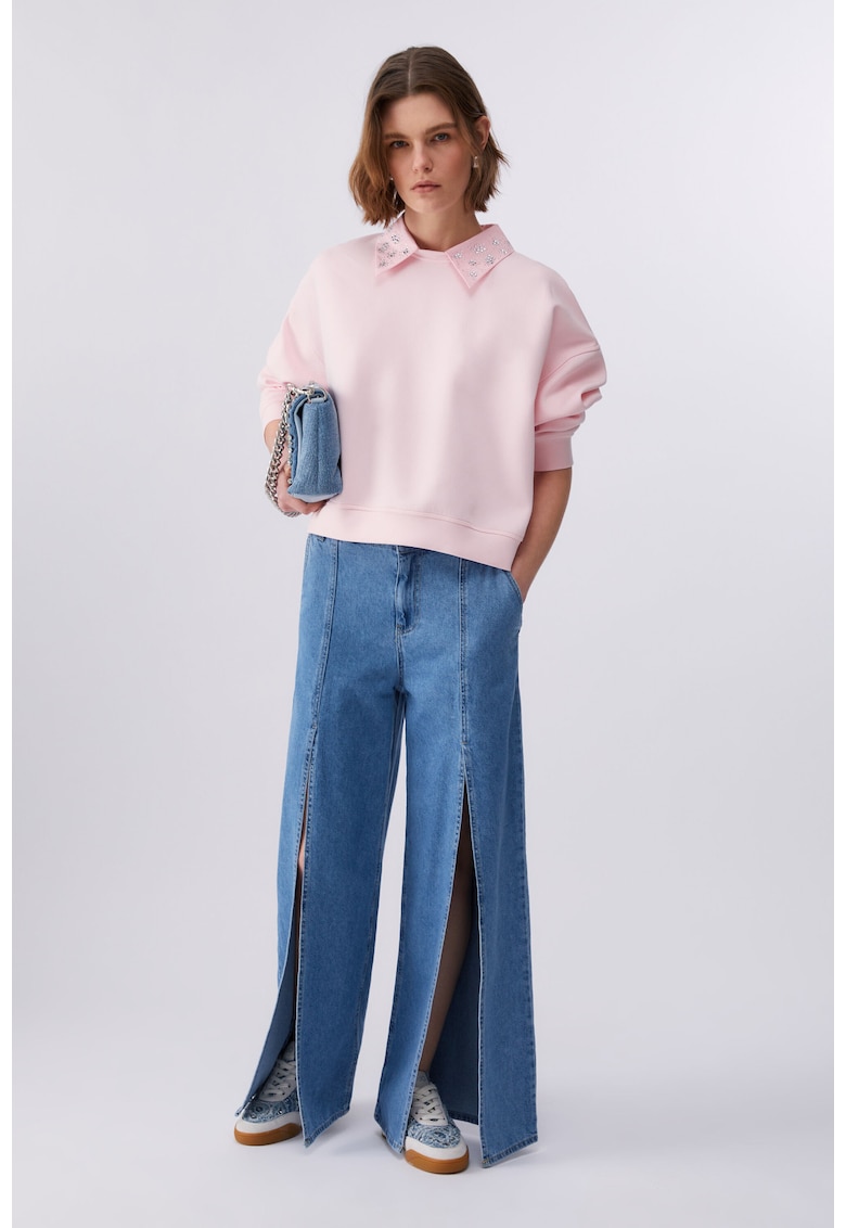Bluza de trening cu guler clasic si strasuri - Roz