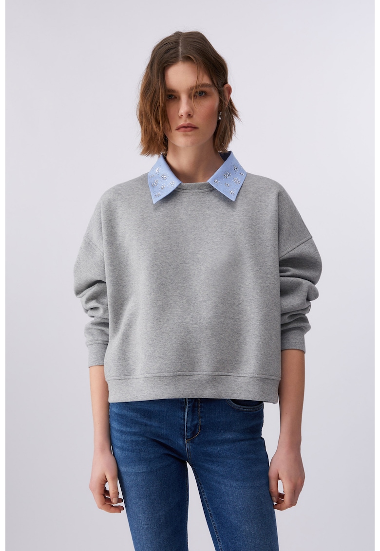 Bluza de trening cu guler clasic si strasuri - Gri
