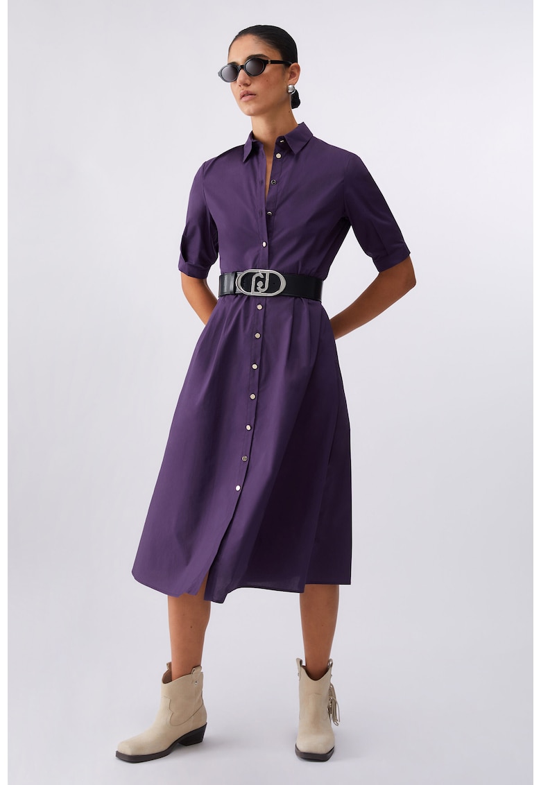 Rochie-camasa midi de poplin cu cordon in talie - Violet aubergine