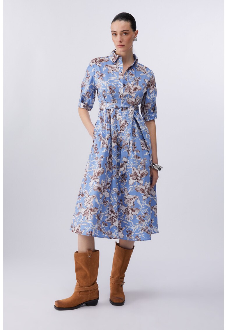 Rochie-camasa midi de poplin cu cordon in talie - Albastru deschis