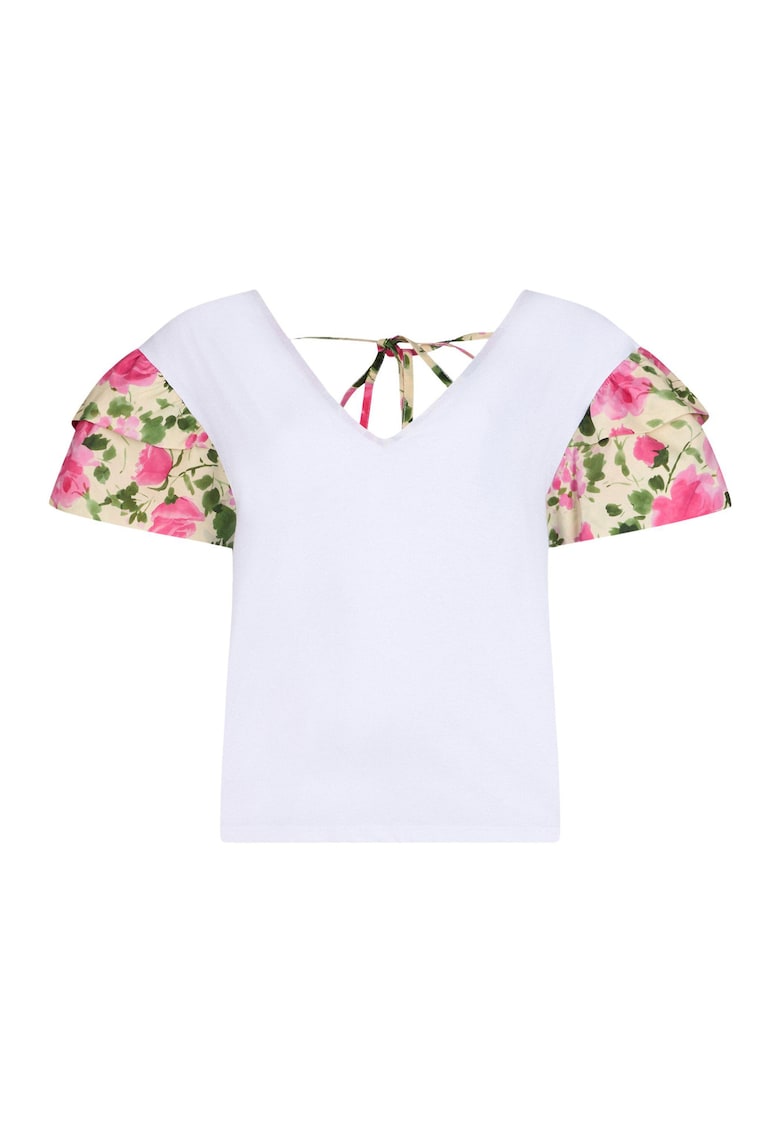 tricou de bumbac cu decolteu in V si maneci cu model floral - Alb/Roz