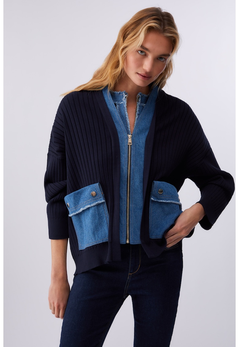 Cardigan cu garnituri din denim si fermoar - Albastru inchis