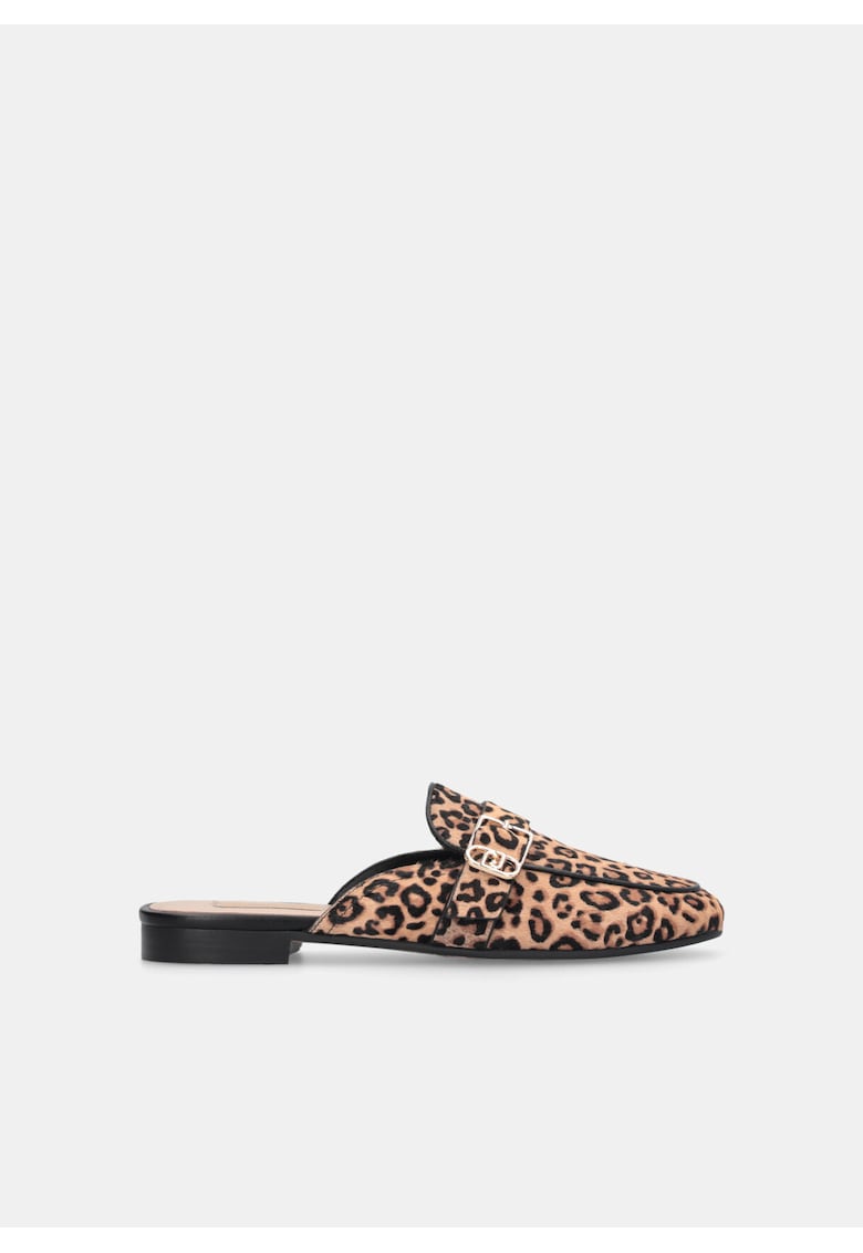 Saboti din piele cu par scurt si animal print - Negru/Maro