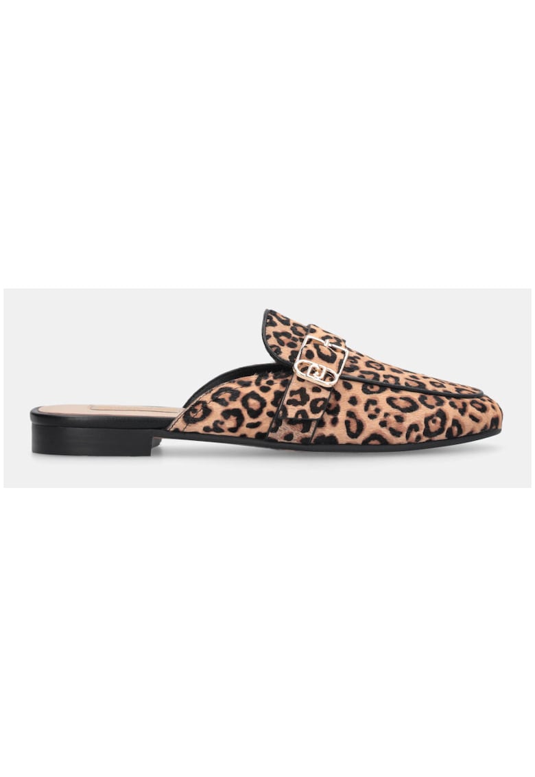 Saboti din piele cu par scurt si animal print - Negru/Maro