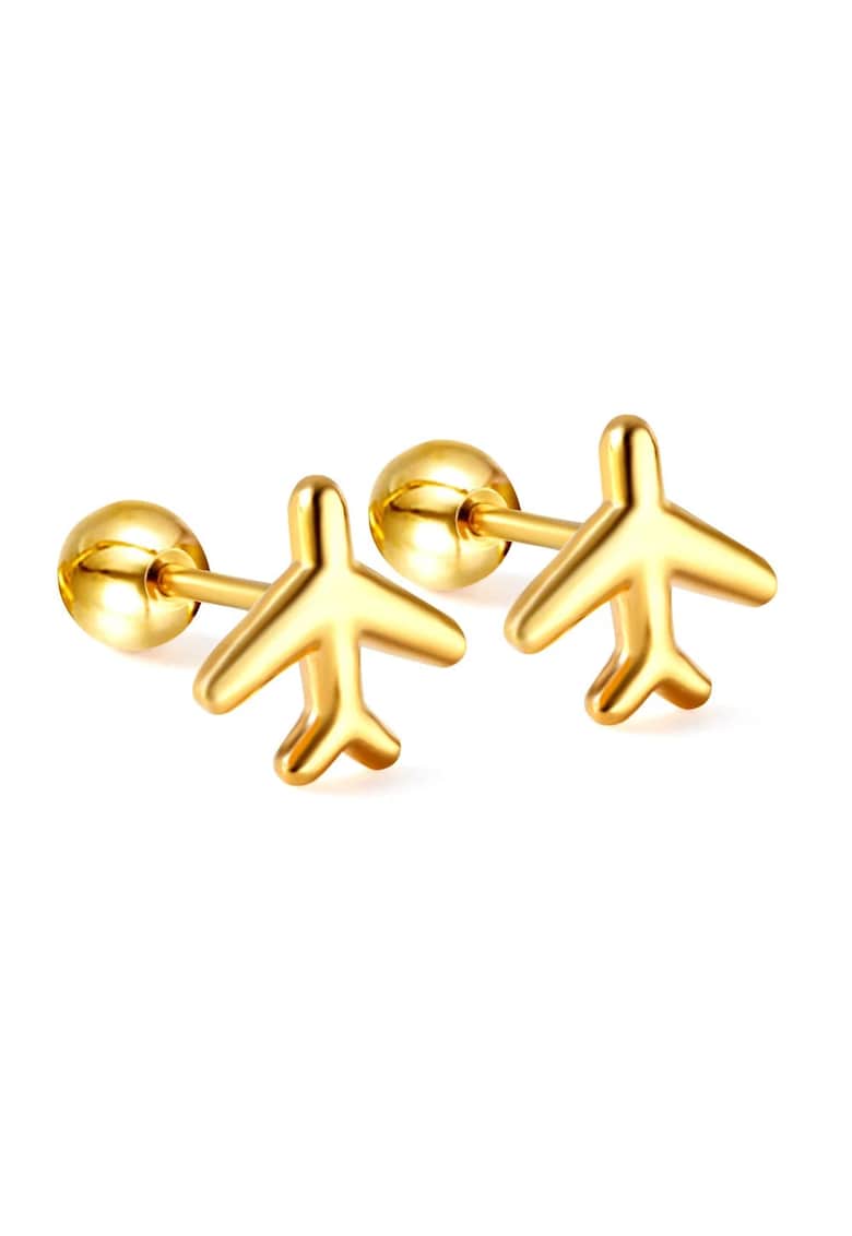 Cercei aurii - din otel inoxidabil - suflati cu aur 18k - forma de avion - Wanderlust Airplane C2