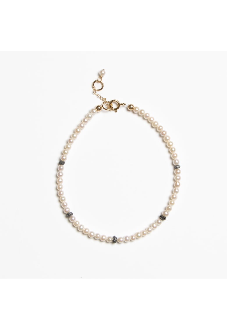 Bratara din perle albe naturale - diamante brute negre si aur filat 14K - Meyuri