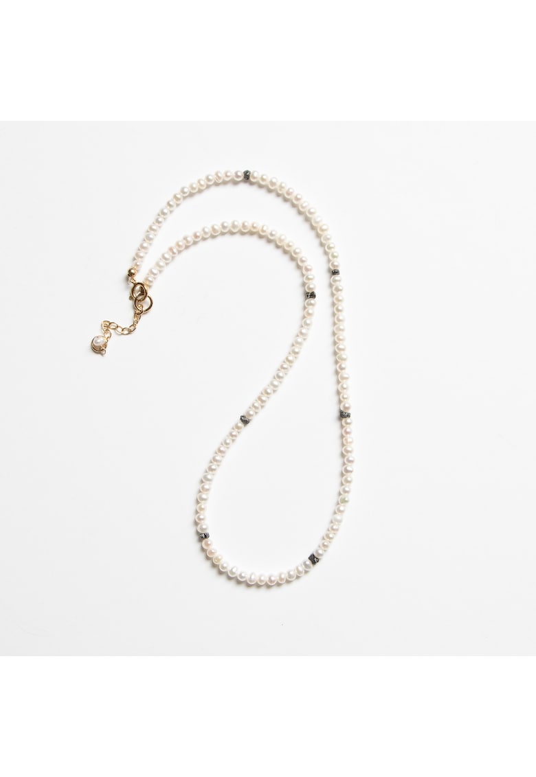 Colier din perle albe naturale - diamante brute negre si aur filat 14K - Meyuri