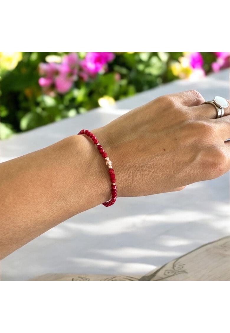 Bratara dama Malvina din coral rosu vopsit fatetat cu accesorii din Argint Rose Gold - 17-18 cm
