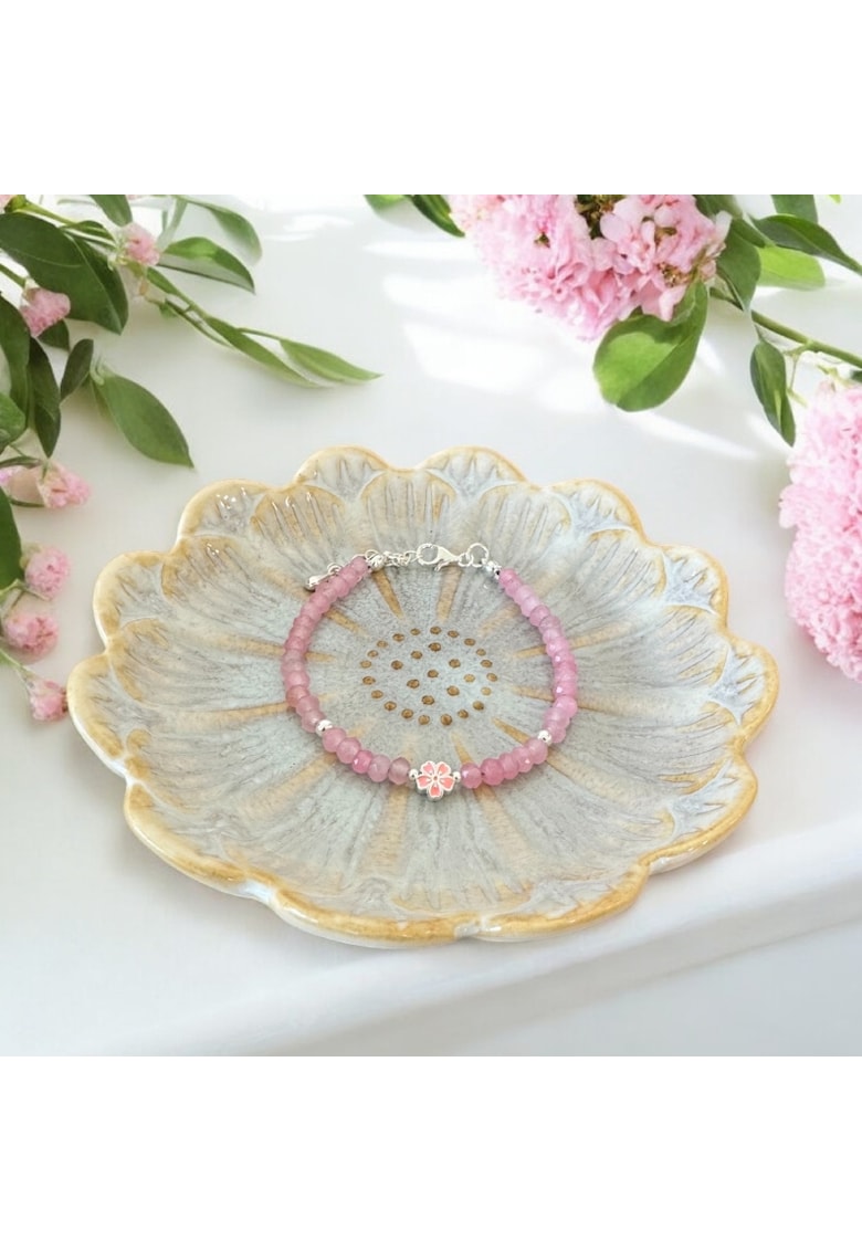 Bratara argint eleganta Anita din cristale de Jad Roz si accesorii din argint 925 - 16.5+3.5 cm